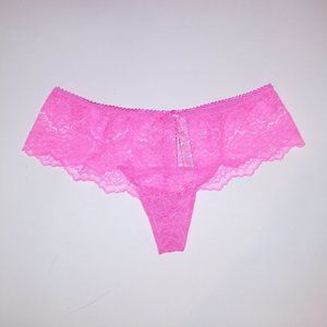 3/$35 Victoria Secret Panty Wide Side Thong Bright Pink Silver Metallic Lace Dre